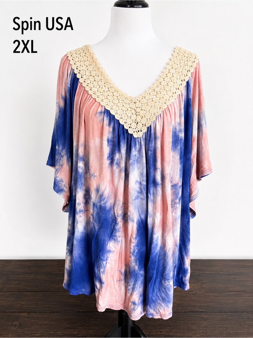 Spin USA Boho Tie Dye Sharkbite Tunic Top Crochet Lace 2XL Plus
